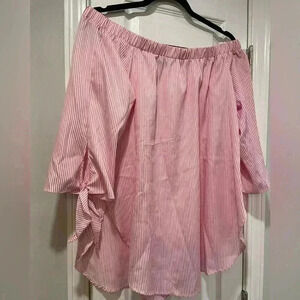 Just Quella Pink Stripe Flowy Short Sleeve Bow Off the Shoulder Blouse Size L